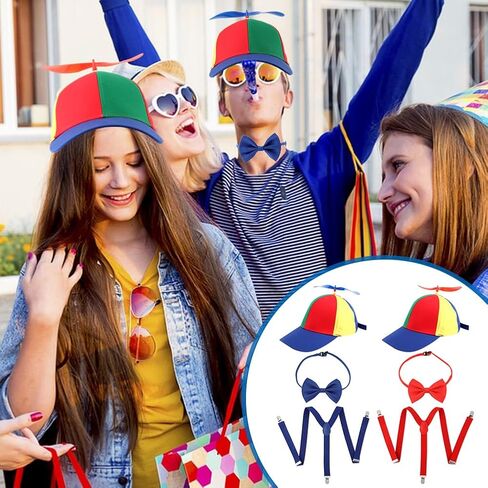 MAYIT 2 Pcs Adult Propeller Hat Rainbow Nerd Silly Swirly Cap Helicopter Top Clown Hats， Adjustable Elastic Y Back Style Suspenders and Bow Tie for Adults Men Women Halloween Costume Party in Kuwait