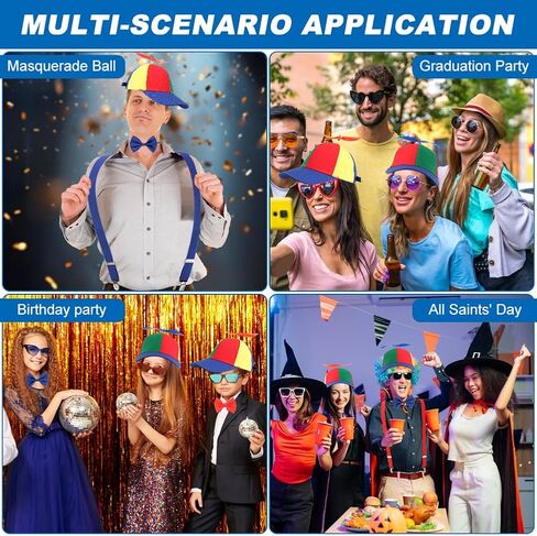 MAYIT 2 Pcs Adult Propeller Hat Rainbow Nerd Silly Swirly Cap Helicopter Top Clown Hats， Adjustable Elastic Y Back Style Suspenders and Bow Tie for Adults Men Women Halloween Costume Party in Kuwait
