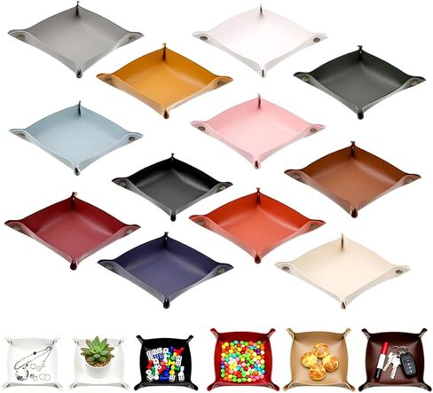 صينية خادم جلدية 12 قطعة، منظم صينية خادم أنيق للمفاتيح والمحافظ والمجوهرات والهاتف وساعة العملات المعدنية والمزيد، صواني جلدية 12 لونًا للملحقات المحمولة لمكتب المدخل in Kuwait