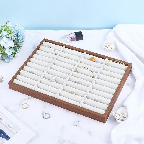 FINGERINSPIRE 36 Slots Ring Tray Display Walnut Wood Slotted Rings Showcase 9.8x13.8Inch Fleece Jewelry Display Organizer Stand Rectangle Jewelry Trays Ring Bracelet Holder for Home Trade Show in Saudi Arabia