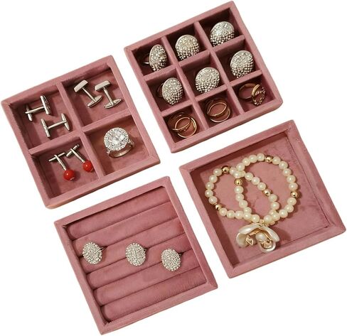 منظم صينية مجوهرات صغيرة مخملية - 4 قطع من صواني العرض القابلة للتكديس للخواتم والأقراط وحامل صندوق تخزين (4، وردي) in Kuwait