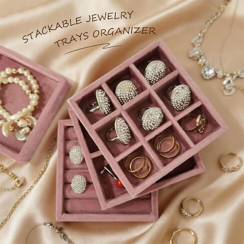 منظم صينية مجوهرات صغيرة مخملية - 4 قطع من صواني العرض القابلة للتكديس للخواتم والأقراط وحامل صندوق تخزين (4، وردي) in Kuwait