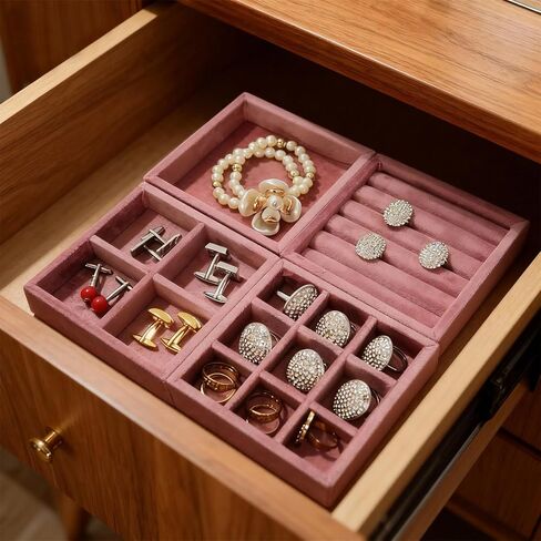 منظم صينية مجوهرات صغيرة مخملية - 4 قطع من صواني العرض القابلة للتكديس للخواتم والأقراط وحامل صندوق تخزين (4، وردي) in Kuwait
