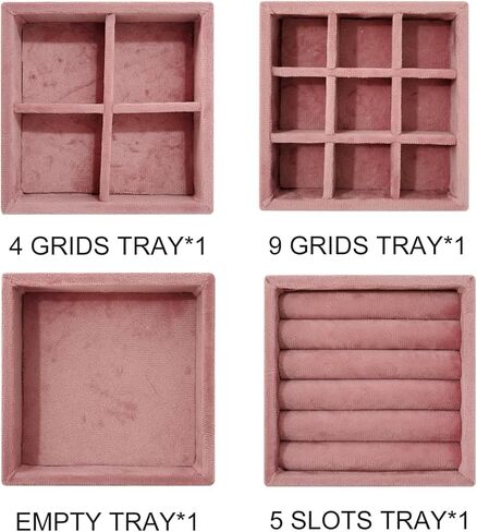 منظم صينية مجوهرات صغيرة مخملية - 4 قطع من صواني العرض القابلة للتكديس للخواتم والأقراط وحامل صندوق تخزين (4، وردي) in Kuwait