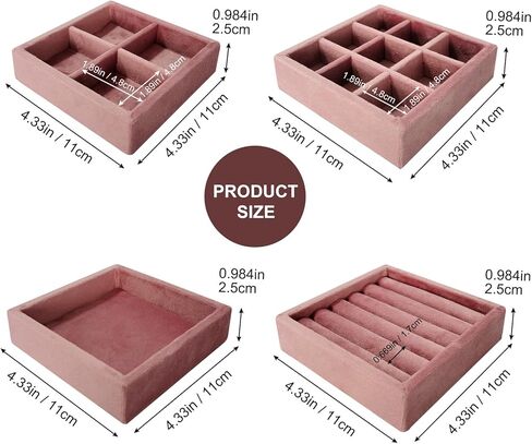 منظم صينية مجوهرات صغيرة مخملية - 4 قطع من صواني العرض القابلة للتكديس للخواتم والأقراط وحامل صندوق تخزين (4، وردي) in Kuwait