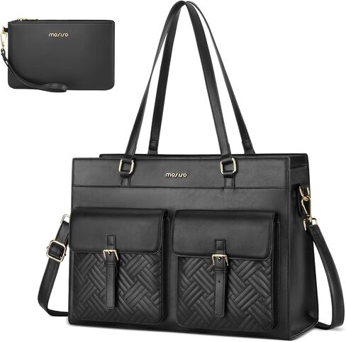حقيبة كمبيوتر محمول من MOSISO للنساء، حقيبة يد من جلد البولي يوريثان مقاس 15.6 بوصة مع جيبين أماميين بغطاء قلاب، حقائب كمبيوتر كتف كبيرة مقاومة للماء للعمل في كلية المعلمين، أسود in Kuwait