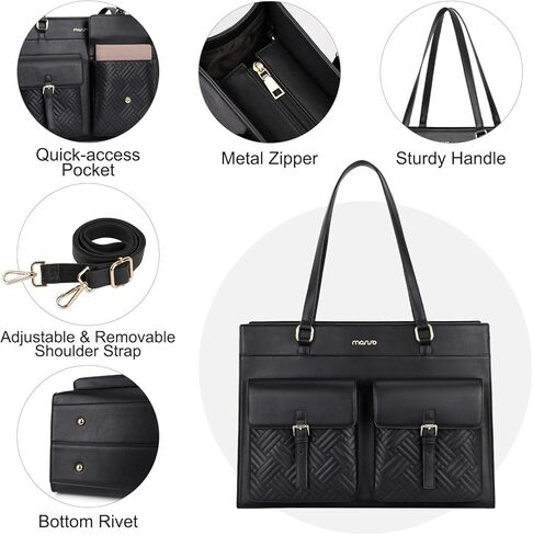 حقيبة كمبيوتر محمول من MOSISO للنساء، حقيبة يد من جلد البولي يوريثان مقاس 15.6 بوصة مع جيبين أماميين بغطاء قلاب، حقائب كمبيوتر كتف كبيرة مقاومة للماء للعمل في كلية المعلمين، أسود in Kuwait