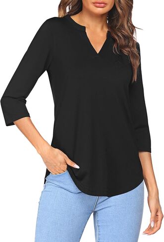 Sherosa Women's 3/4 Sleeve Shirts V Neck Casual Henley Work Tops Blouses in Kuwait