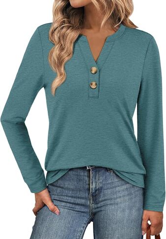 ATHMILE Long Sleeve Shirts for Women 2026 Fall Outfits Henley Dressy Casual Tops Trendy Blouses Cute T-Shirts Fashion Clothes in Saudi Arabia