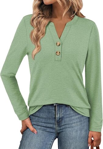ATHMILE Long Sleeve Shirts for Women 2026 Fall Outfits Henley Dressy Casual Tops Trendy Blouses Cute T-Shirts Fashion Clothes in Saudi Arabia