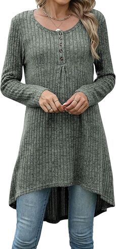 Naggoo سترة طويلة للنساء من أجل طماق طويلة الأكمام قمصان هينلي عالية ومنخفضة الخريف البلوزات M-3XL in Kuwait