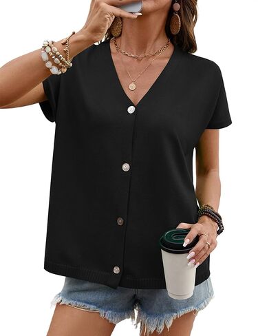 LOMON Oversided Cardigan Sweaters for Women Short Cap Sleeve V-Neck Casual Button Lightweight Knitted Trendy Sweater S-XL in Saudi Arabia
