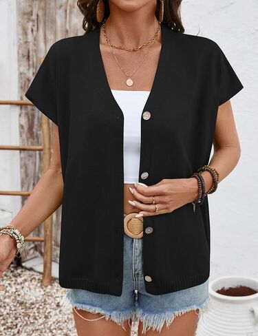 LOMON Oversided Cardigan Sweaters for Women Short Cap Sleeve V-Neck Casual Button Lightweight Knitted Trendy Sweater S-XL in Saudi Arabia