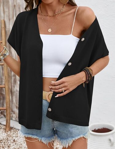 LOMON Oversided Cardigan Sweaters for Women Short Cap Sleeve V-Neck Casual Button Lightweight Knitted Trendy Sweater S-XL in Saudi Arabia