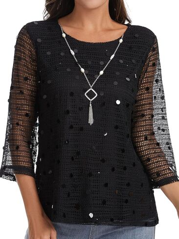 بلوزة نسائية منسوجة من الكروشيه 3/4 كم على شكل جرس مفرغة غير رسمية فضفاضة تناسب فتحة رقبة دائرية بلوزة قميص صيفي خفيف الوزن in Kuwait