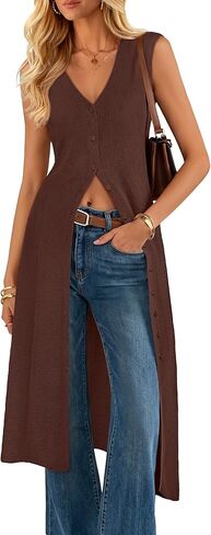 ZESICA Women's Sleeveless Long Cardigan Sweaters 2026 Summer V Neck Oversized Button Down Casual Knit Midi Dress in Saudi Arabia