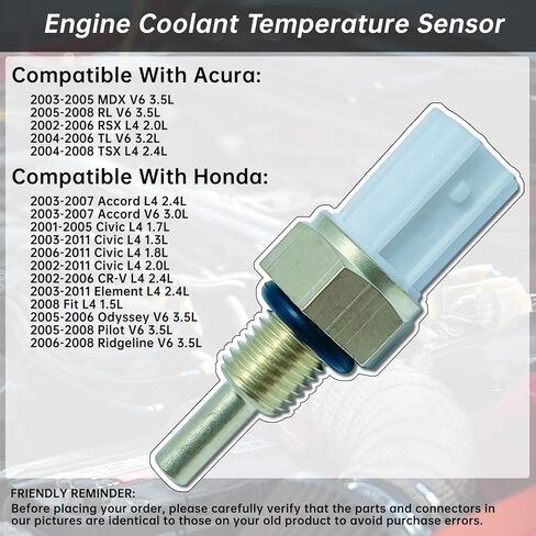 5S1529 Engine Coolant Temperature Sensor Compatible with Acura 03-05 MDX 05-08 RL 02-06 RSX 04-08 TSX Replacement for Honda 03-07 Accord 01-11 Civic 02-06 CR-V 03-11 Element Replaces 37870PLC004 in Kuwait