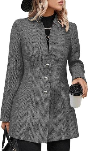 Sexyshine Women's Stand Collar Casual Business Wool Blend Coat Single Breasted Mid Long Blazer Jacket Slim Pea Coat in Saudi Arabia