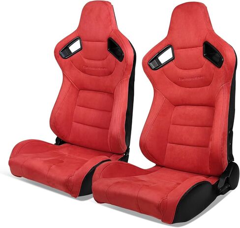 Universal Pairs of Racing Seat with Dual Sliders, PU Leather Front+Carbon Leather Back Reclinable Bucket Seat, Red Suede w/LOGO in Saudi Arabia