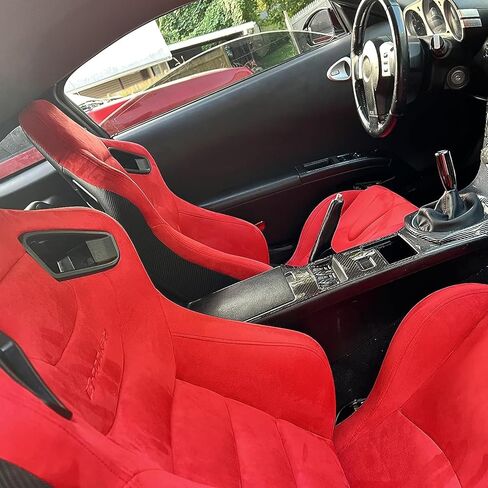 Universal Pairs of Racing Seat with Dual Sliders, PU Leather Front+Carbon Leather Back Reclinable Bucket Seat, Red Suede w/LOGO in Saudi Arabia