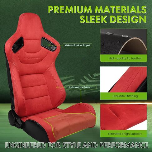 Universal Pairs of Racing Seat with Dual Sliders, PU Leather Front+Carbon Leather Back Reclinable Bucket Seat, Red Suede w/LOGO in Saudi Arabia