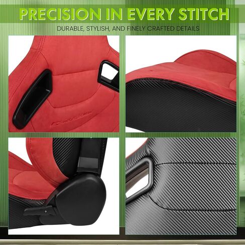 Universal Pairs of Racing Seat with Dual Sliders, PU Leather Front+Carbon Leather Back Reclinable Bucket Seat, Red Suede w/LOGO in Saudi Arabia