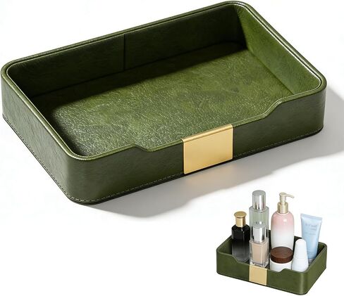صينية مجوهرات جلدية فاخرة باللون الأخضر - ملحقات مكتبية أنيقة ومنظم منضدة لحمل المجوهرات والساعة والمفاتيح والهاتف والمحفظة (ديكور المدخل/سطح المكتب) in Kuwait