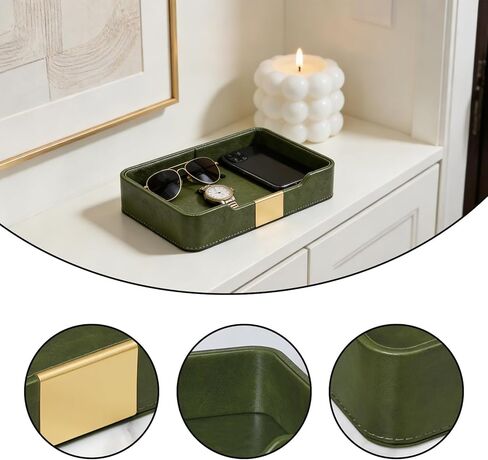 صينية مجوهرات جلدية فاخرة باللون الأخضر - ملحقات مكتبية أنيقة ومنظم منضدة لحمل المجوهرات والساعة والمفاتيح والهاتف والمحفظة (ديكور المدخل/سطح المكتب) in Kuwait