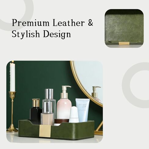 صينية مجوهرات جلدية فاخرة باللون الأخضر - ملحقات مكتبية أنيقة ومنظم منضدة لحمل المجوهرات والساعة والمفاتيح والهاتف والمحفظة (ديكور المدخل/سطح المكتب) in Kuwait