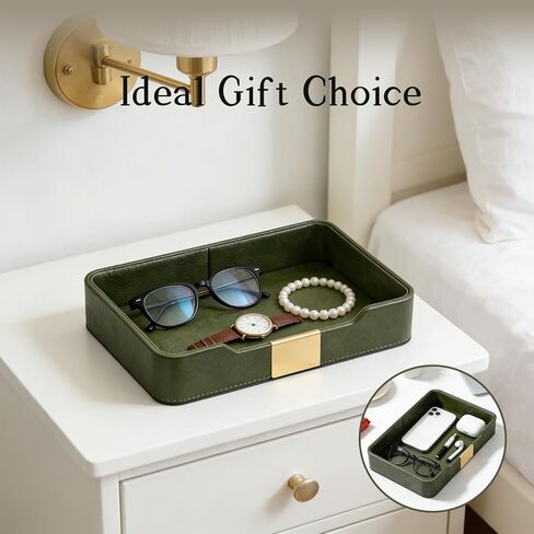 صينية مجوهرات جلدية فاخرة باللون الأخضر - ملحقات مكتبية أنيقة ومنظم منضدة لحمل المجوهرات والساعة والمفاتيح والهاتف والمحفظة (ديكور المدخل/سطح المكتب) in Kuwait