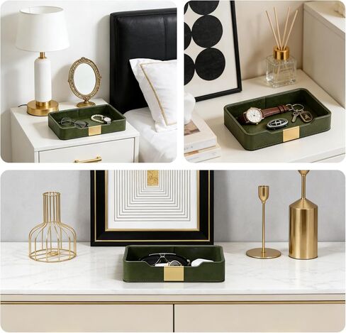 صينية مجوهرات جلدية فاخرة باللون الأخضر - ملحقات مكتبية أنيقة ومنظم منضدة لحمل المجوهرات والساعة والمفاتيح والهاتف والمحفظة (ديكور المدخل/سطح المكتب) in Kuwait