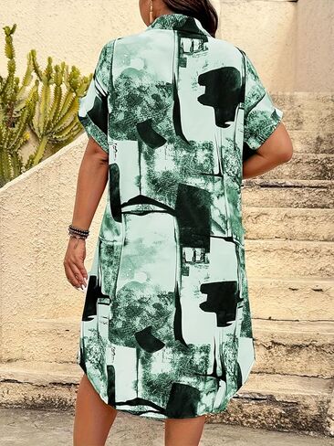 Womens Short Sleeve Midi Printed Button Down Shirt Dress Plus Size Loose Shirt Dresses for Women in Saudi Arabia