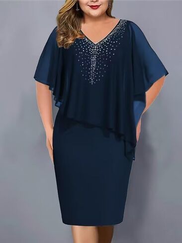 Women's V-Neck Sheath Dress with Chiffon Shawl and Rhinestone Embellishments. in Saudi Arabia