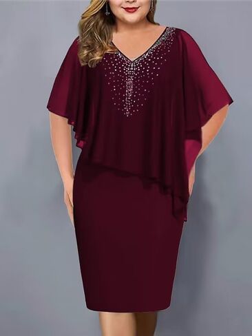 Women's V-Neck Sheath Dress with Chiffon Shawl and Rhinestone Embellishments. in Saudi Arabia