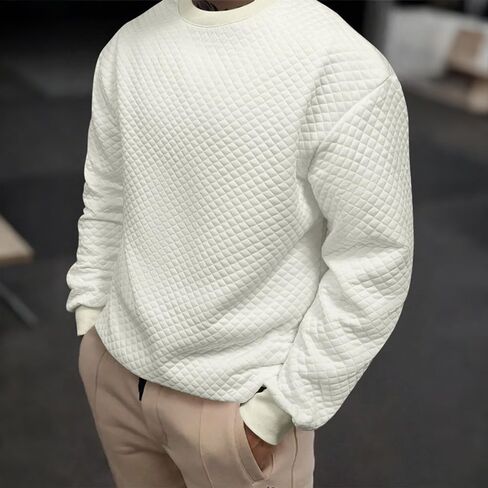 Men's Diamond Quilted Crewneck Sweatshirt, Off-White Textured Pullover with Ribbed Cuffs, Casual Long Sleeve Geometric Top in Saudi Arabia