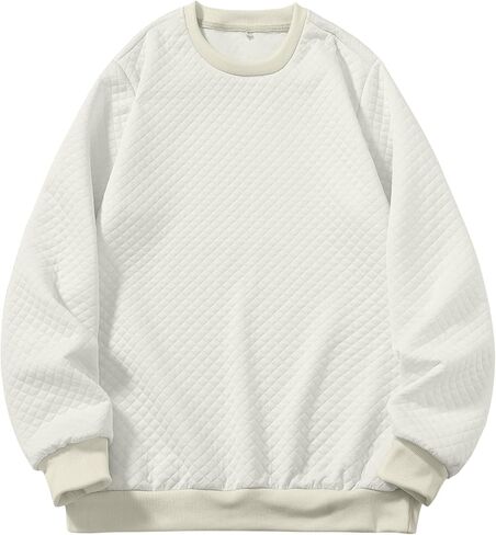 Men's Diamond Quilted Crewneck Sweatshirt, Off-White Textured Pullover with Ribbed Cuffs, Casual Long Sleeve Geometric Top in Saudi Arabia