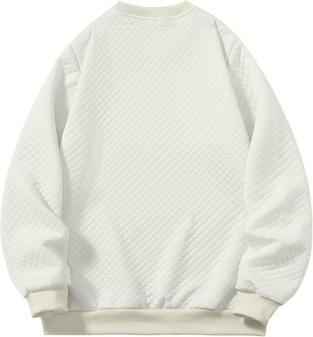 Men's Diamond Quilted Crewneck Sweatshirt, Off-White Textured Pullover with Ribbed Cuffs, Casual Long Sleeve Geometric Top in Saudi Arabia