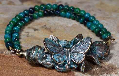 Elaine Coyne Wearable Art Patina Zen Garden Sculptural Butterfly on Roses Interchangeable Rockband Bracelet - Chrysocolla in Saudi Arabia