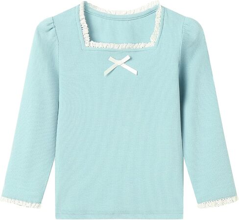 LittleSpring Girls Long Sleeve Knit Shirts with Bow Square Neck Puff Sleeve Ruffle Lace Trim Tshirt in Saudi Arabia