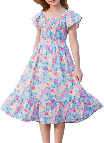 Haloumoning Girls Summer Dresses Kids Square Neck Ruffle Sleeve Smocked Midi Dress with Pockets 5-14 Years in Saudi Arabia