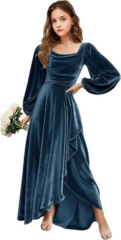 Velvet Junior Bridesmaid Dresses Long Sleeve Girls Christmas Dress Flower Girl Dresses Wedding Guest Maxi Party Gown in Saudi Arabia