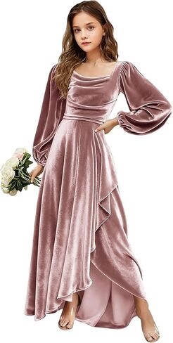 Velvet Junior Bridesmaid Dresses Long Sleeve Girls Christmas Dress Flower Girl Dresses Wedding Guest Maxi Party Gown in Saudi Arabia