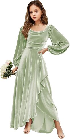 Velvet Junior Bridesmaid Dresses Long Sleeve Girls Christmas Dress Flower Girl Dresses Wedding Guest Maxi Party Gown in Saudi Arabia