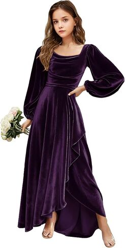 Velvet Junior Bridesmaid Dresses Long Sleeve Girls Christmas Dress Flower Girl Dresses Wedding Guest Maxi Party Gown in Saudi Arabia