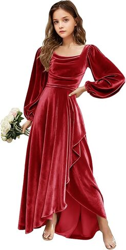 Velvet Junior Bridesmaid Dresses Long Sleeve Girls Christmas Dress Flower Girl Dresses Wedding Guest Maxi Party Gown in Saudi Arabia