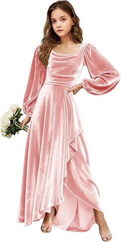Velvet Junior Bridesmaid Dresses Long Sleeve Girls Christmas Dress Flower Girl Dresses Wedding Guest Maxi Party Gown in Saudi Arabia