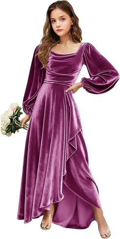 Velvet Junior Bridesmaid Dresses Long Sleeve Girls Christmas Dress Flower Girl Dresses Wedding Guest Maxi Party Gown in Saudi Arabia