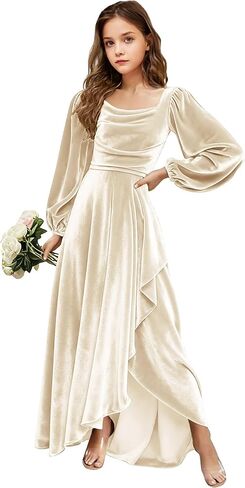 Velvet Junior Bridesmaid Dresses Long Sleeve Girls Christmas Dress Flower Girl Dresses Wedding Guest Maxi Party Gown in Saudi Arabia