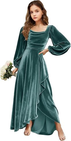 Velvet Junior Bridesmaid Dresses Long Sleeve Girls Christmas Dress Flower Girl Dresses Wedding Guest Maxi Party Gown in Saudi Arabia