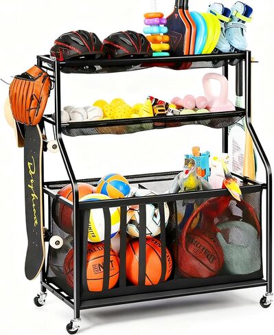 Sports Organizer for Garage, Garage Sports Equipment Organizer, Garage Toy Storage, Nerf Gun Storage Rack, Storage Organization on Wheels for School, Garage, Steel (Grey) in Saudi Arabia